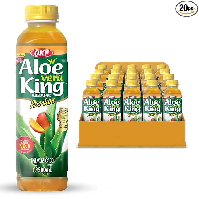 OKF Aloe Vera King Drink with Pure Aloe Pulp Variety Flavors 16.9 oz. (Mango Pack of 20) Korean Premium Health Beverage