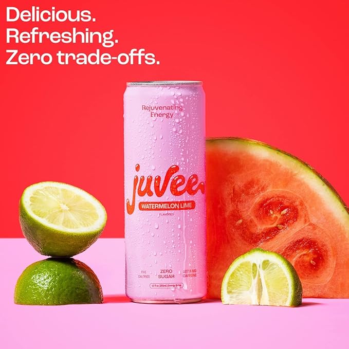 Watermelon Lime &amp Blue Raspberry Juvee Rejuvenating Energy Drink – 12 oz Cans 12-Pack Each – Sugar Free 127–128mg Natural Caffeine per Can Zero Sugar Low Calorie Clean Energy &amp Mental Foc
