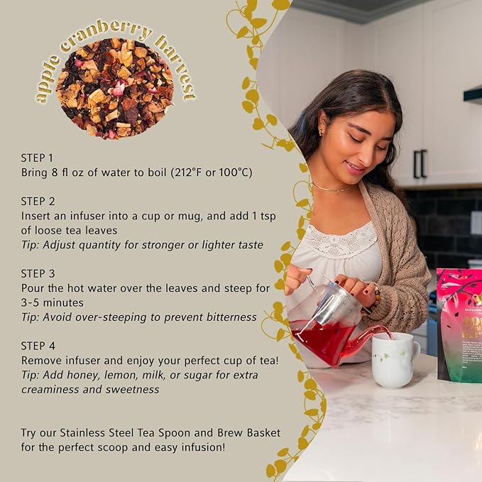 Apple Cranberry Harvest Tea Organic Loose Leaf Herbal Tea – Real Fruit Summer Juice Caffeine-Free Refreshing Sweet Iced Drink – 4 oz Resealable Bag (Makes 50 Cups)