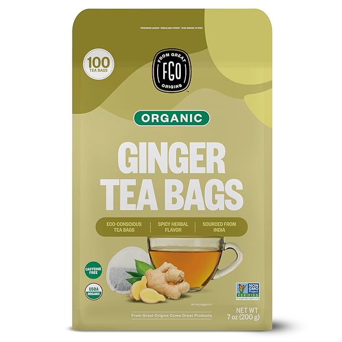 FGO Organic Ginger Tea 100 Count Eco-Conscious Tea Bags Caffeine Free Packaging May Vary (Pack of 1)