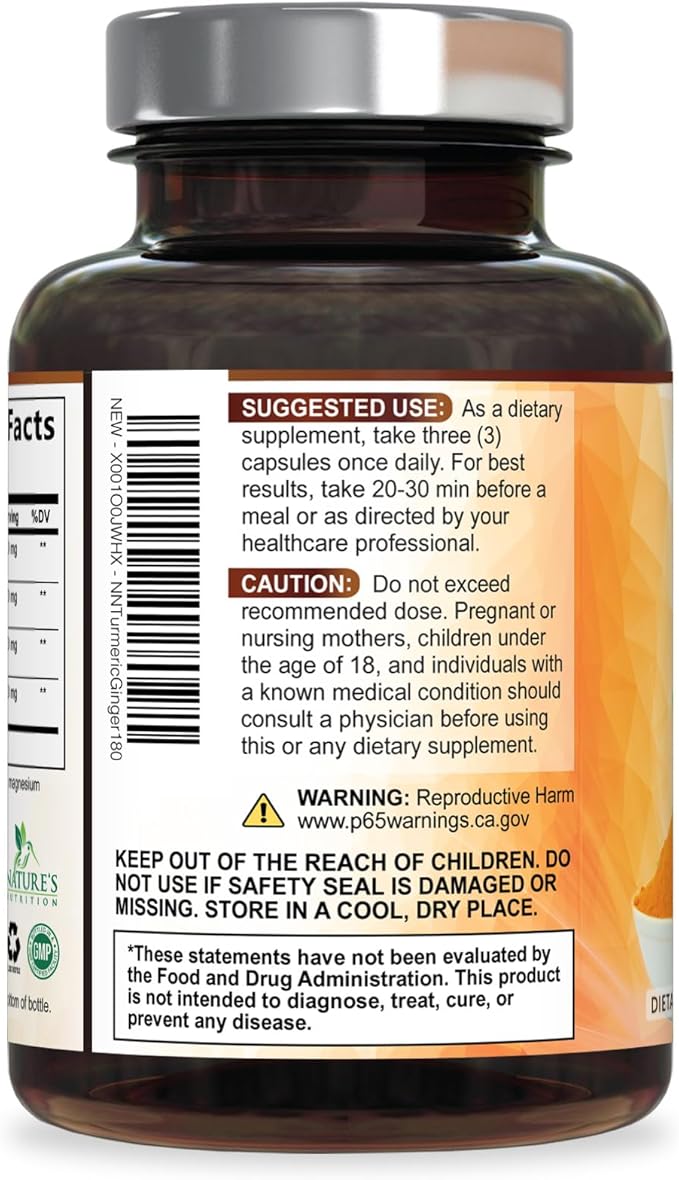 Turmeric Curcumin Supplement - 95% Curcuminoids with Organic Turmeric &amp Ginger BioPerine Black Pepper Extract for Best Absorption Natural Vegan Joint Support Non-GMO Bottled in USA - 180 Capsu