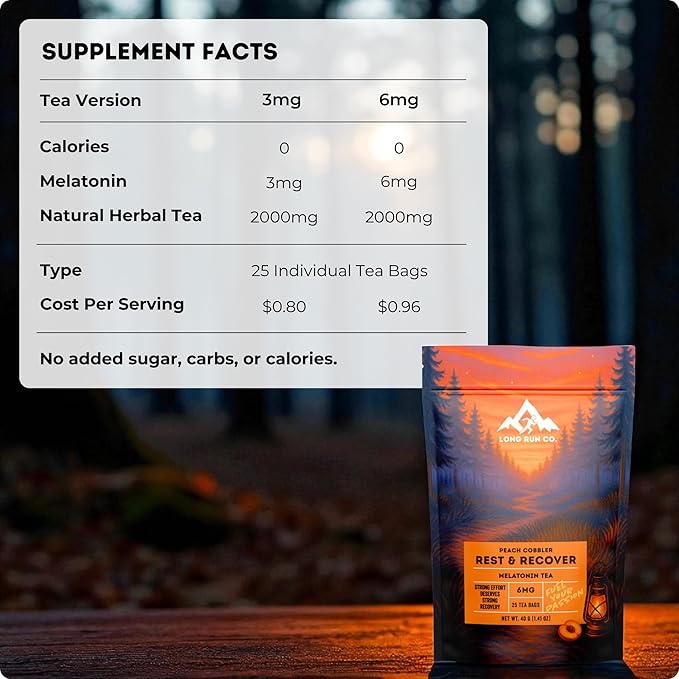 Rest &amp  Recover Sleep Tea by Long Run Co. – Caffeine‑Free Herbal Tea with Melatonin (25 Tea Bags) – All Natural Better Sleep &amp Recovery Wake Up Refreshed [6mg Melatonin Peach Cobbler]