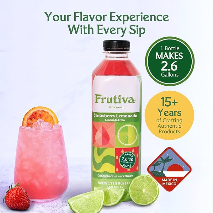 Frutiva Authentic Strawberry Lemonade Drink Mix | Made in Mexico with Cane Sugar | Aguas Frescas Concentrate Makes 2.6 Gallons Per Bottle | No High Fructose Corn Syrup | Perfect for Drinks Desserts &