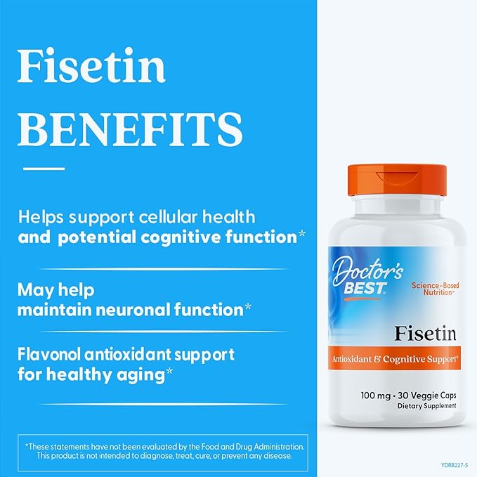 Doctor's Best Fisetin Supplement 100 mg for Men &amp Women - Brain Health &amp Antioxidant Support Fisetin Capsules (as Novusetin) 100mg per Serving Vegan Gluten Free Soy Free Non GMO - 30 Veg