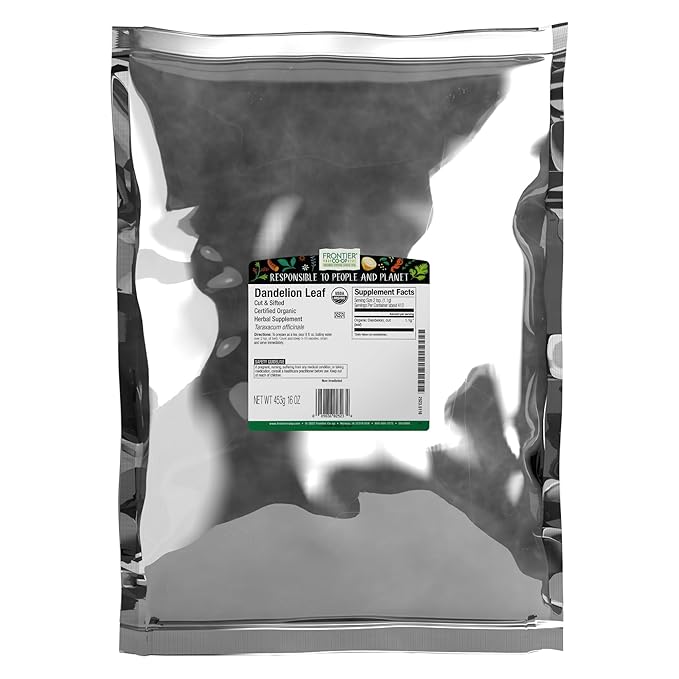 Frontier Co-op Organic Dandelion Leaf Cut and Sifted - Dried for Loose Tea Caffeine-Free Coffee Alternative or Powder Supplement Capsules - Kosher | 16 Ounce (Pack of 1)