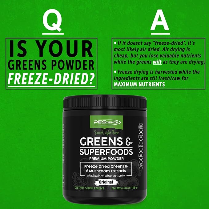 PEScience Greens Powder Superfood with Natural Chlorophyll Reishi &amp Turkey Tail Mushroom Powders Freeze-Dried Kale Spinach Broccoli Sprouts with Antioxidants - Original Flavor 30 Servings