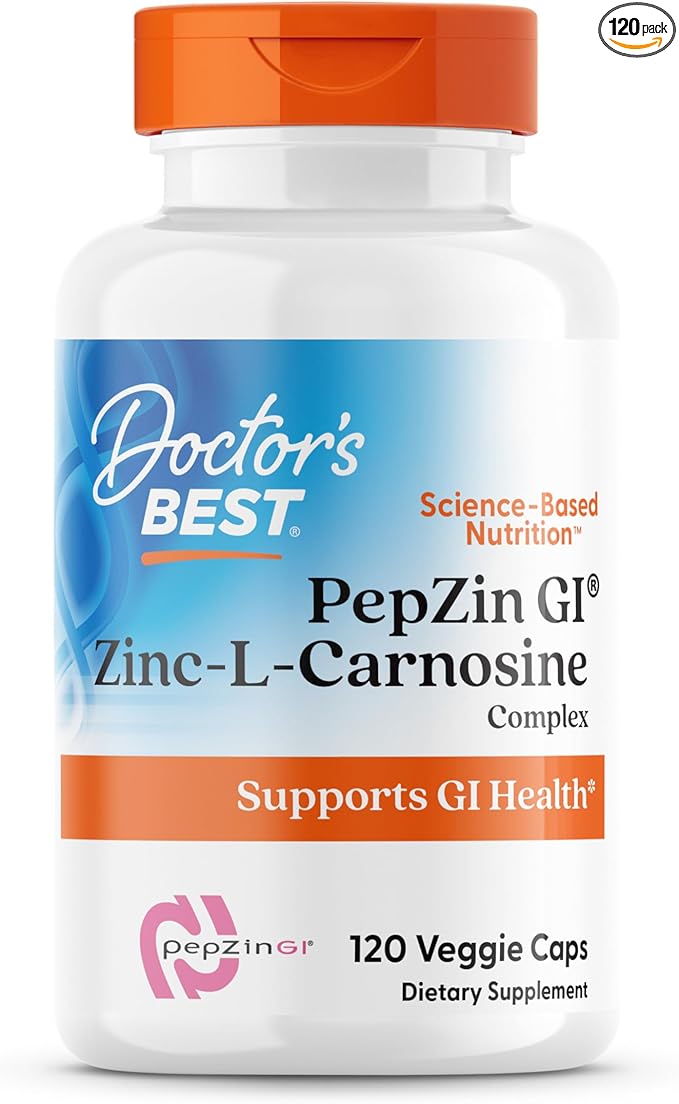 Doctor's Best PepZin GI Zinc-L-Carnosine Complex for Men &amp Women - Zinc Carnosine Supplement Caps for Gut Health Digestive Support &amp Stomach Comfort Vegan Gluten Free - 120 Veg Capsules