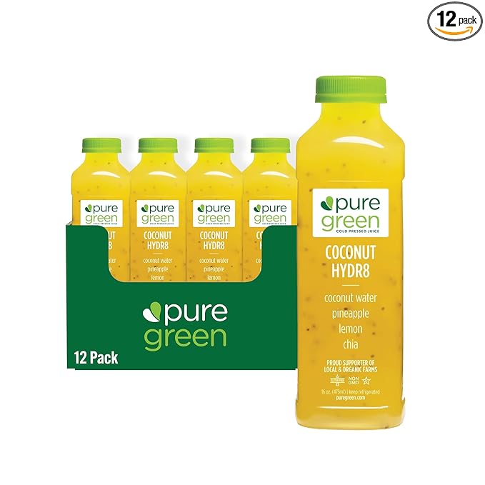 Pure Green Cold Pressed Juice - Coconut Hydrate - Fresh Functional Blend with Coconut Water Pineapple Lemon Chia Seeds - Natural Gluten Free Non-GMO No Artificial Colors or Flavors - Made from R