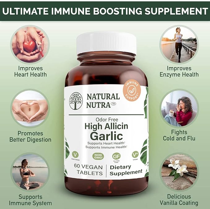 Natural Nutra High Allicin Garlic Supplement Supports Immune System Improve Heart Health Improve Enzymes Health Better Digestion Fights Cold and Flu Vanilla Coating 500mg 60 Vegan Tablets