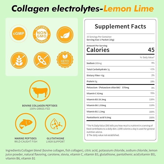Electrolyte Collagen Powder Packets 10g Collagen Protein Drink Mix for Hydration Recovery Zero Sugar 2-in-1 Post Workout Rehydration Joint Skin Muscle Support 5 Vitamins Lemon Lime