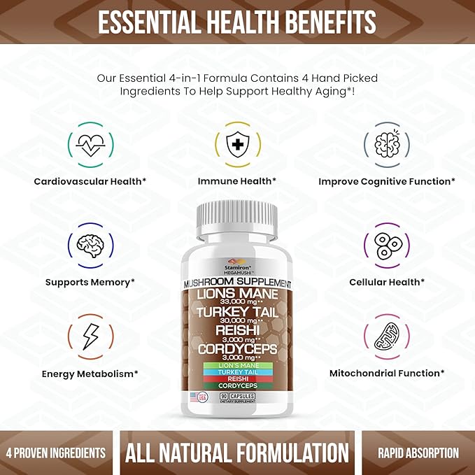 Stamiron Lions Mane Supplement Turkey Tail Mushroom Capsules with Cordyceps Extract &amp Reishi Mushrooms - Alt to Mushroom Gummies Mushroom Powder Mushroom Coffee - 90 Count