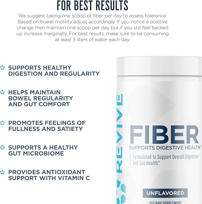 Revive MD Fiber Supplement for Digestive &amp Gut Health - 5g of Dietary Fiber Supports a Healthy Digestive System with Psyllium Husk &amp More - (Unflavored 30 Servings)
