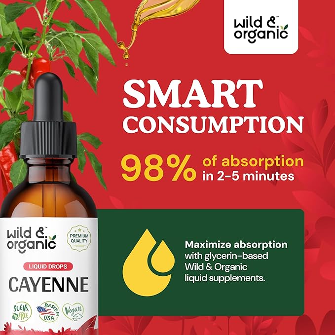 Wild &amp Organic Cayenne Pepper Tincture - Capsaicin Supplements for Digestive Support - Cayenne Pepper Extract Liquid - Vegan Alcohol-Free Drops - 2 fl oz