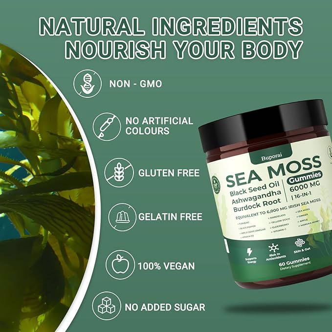 Sea Moss Gummies 16-1 Black Seed Oil Ashwagandha Turmeric Bladder Wrack Vitamin C Vitamin D3 Elderberry Manuka Dandelion Yellow Dock Apple Cider Vinegar for Men &amp Women