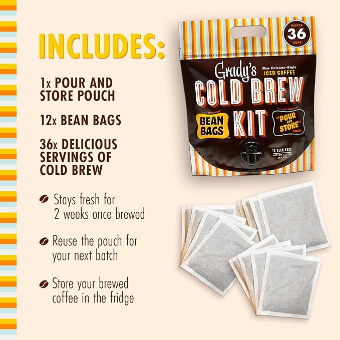 GRADY’S COLD BREW New Orleans Style 100% Arabica Ground Coffee &amp Chicory Pouches 2 All-in-One Cold Brew Kits each with 12 Easy-to-Brew Beans Bags Makes 72 drinks