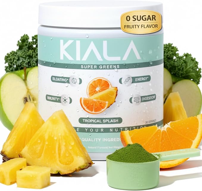 Kiala Nutrition Super Greens Organic Greens Powder with Spirulina &amp Chlorella for Digestion Gut Health Immunity Adaptogens Energy Gluten Free Vegan Sugar Free Tropical Splash 30 Servings