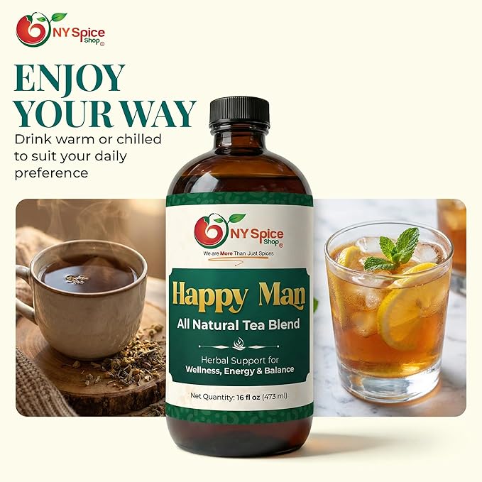 NY Spice Shop Happy Man Herbal Tea Blend - All-Natural Beverage For Everyday Use - Plant-Based Infusion Crafted With Natural Ingredients - Liquid Tea Concentrate - 16 Ounce Bottle (3 Count)