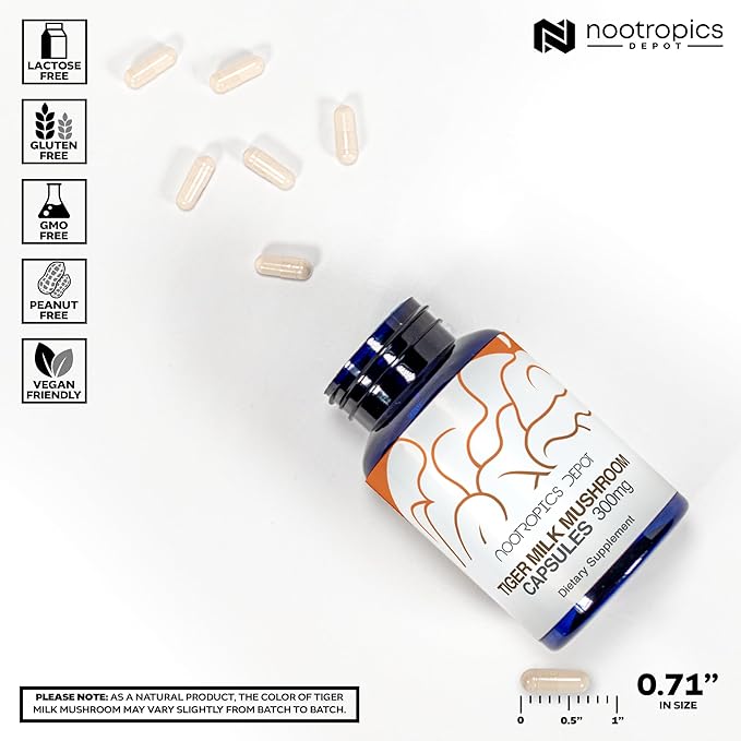 Nootropics Depot Tiger Milk Mushroom Capsules | 300mg | 180 Count | Lignosus rhinocerus Sclerotium | Cognition Histamine &amp Respiratory Support