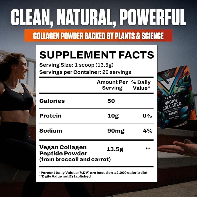 VEDGE Vegan Collagen Powder - Plant-Based Collagen Supplement for Hair Skin Nails Joint &amp Gut Health. Collagen Peptides