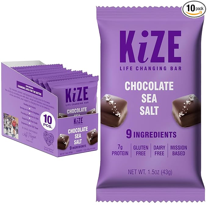 KiZE Energy Bars - Chocolate Sea Salt - Gluten Free Dairy Free Non-GMO and High Protein Meal Replacement Energy Bars Meal Bas Clean &amp Simple Food Ingredients - 7g High Protein Snacks (10 Cou