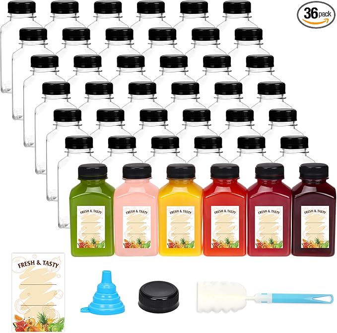 BAKHUK 36pcs 10oz Empty Plastic Juice Bottles with Caps Reusable Clear Bulk Beverage Containers for Juice Milk and Other Beverages
