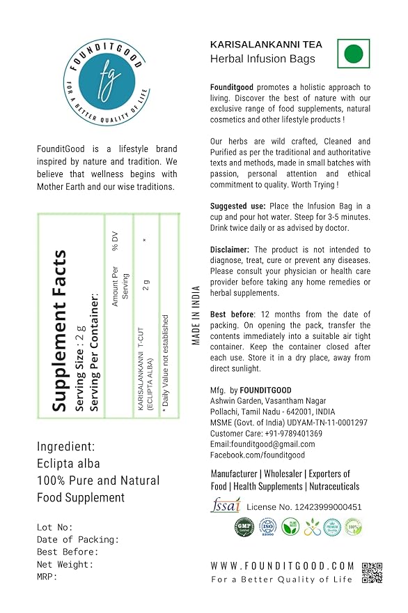 FounditGood’s Pure Karisalankanni Tea (Bhringraj/Eclipta alba) | 100% Natural Herbal Tea | Holistic Wellness and Liver Support | 60 Dip Tea bags