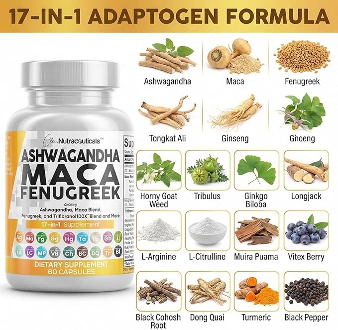 Clean Nutraceuticals Ashwagandha Maca Root Fenugreek Supplement with Tongkat Ali Ginseng - Assists with Stress Mood &amp Thyroid - Ashwagandha Capsules Fenugreek Caps - 1 Pack