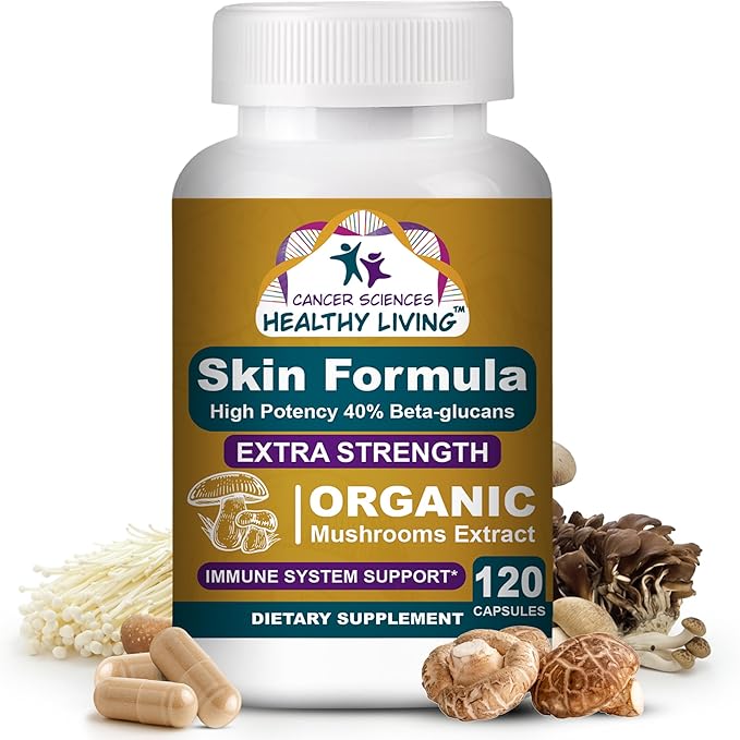 Cancer Sciences Skin Wellness Supplement USDA Certified Organic Extract Mushrooms Supplement Extra Strength 1500 mg High Potency 40% Beta-Glucans Immune Support Glowing Complexion 120 Capsules
