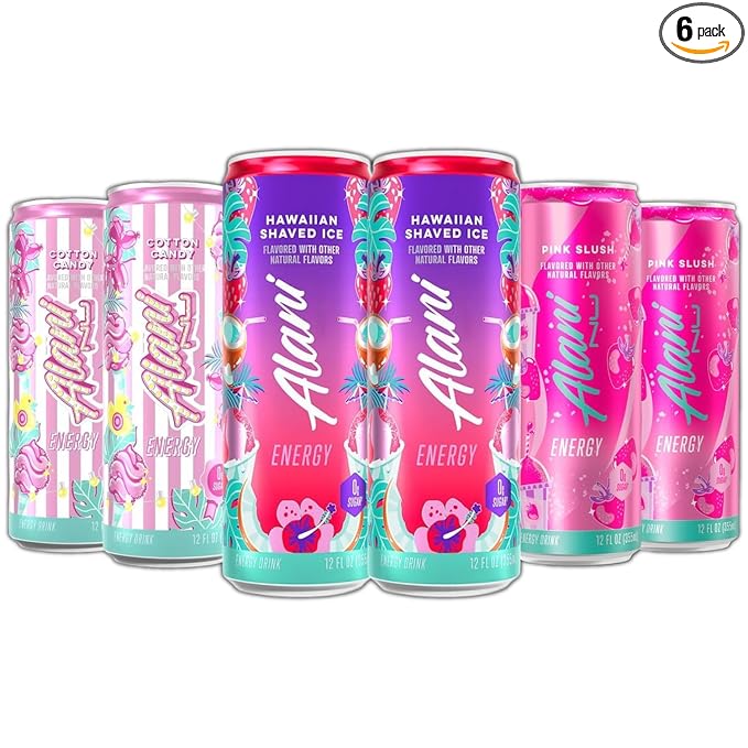 New Alani Energy Drinks Cotton Candy Hawaian Shaved Ice Pink Slush Variety Pack Sugar-Free Low-Calorie 200mg Caffeine Energy Boost Drink 12 fl oz (Pack of 6)