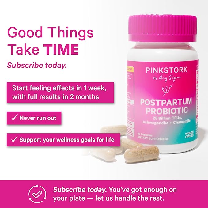 Pink Stork Probiotics for Postnatal Women - 30 Billion CFUS with Ashwagandha and Chamomile Postpartum Essentials for Hormone Balance Mood Support Gut Health Digestive Wellness 30 Capsules