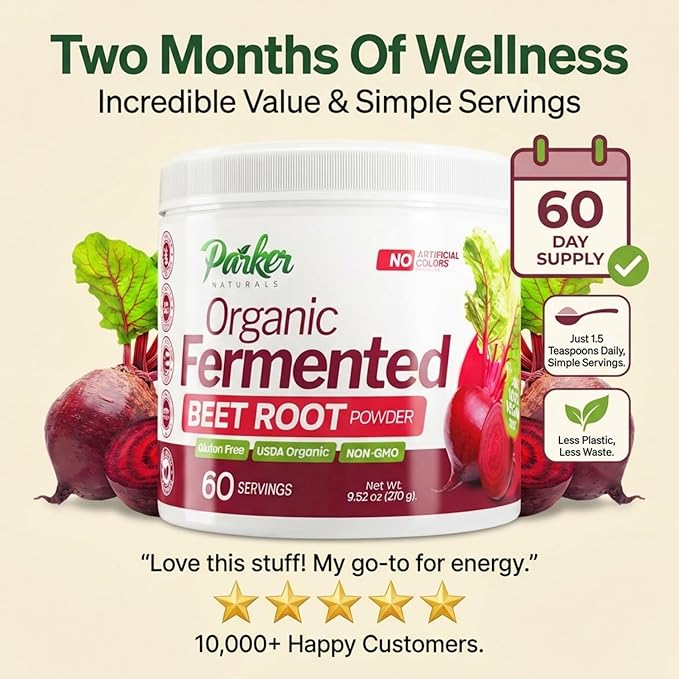 Parker Naturals Organic Fermented Beet Root Powder 9.52 oz Beet Powder Supports Healthy Immune System Gluten Free Non-GMO &amp Vegan Beets Supplements 60 Servings