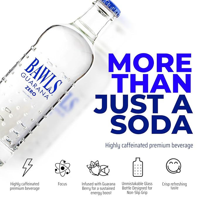 BAWLS Guarana Zero BAWLS Guarana Drink Guarana Soda Guarana Fueled Soda for Energy High Energy Caffeinated Drink 10oz 24 Pack Glass Bottles