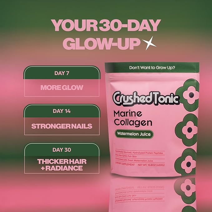 Crushed Tonic Korean Beauty Collagen Powder | Hydrolyzed Marine Collagen Peptides for Skin Glow Hair &amp Nails | K-Beauty Drink | Gluten-Free Halal &amp Kosher (Watermelon 30 Servings (150 g) P