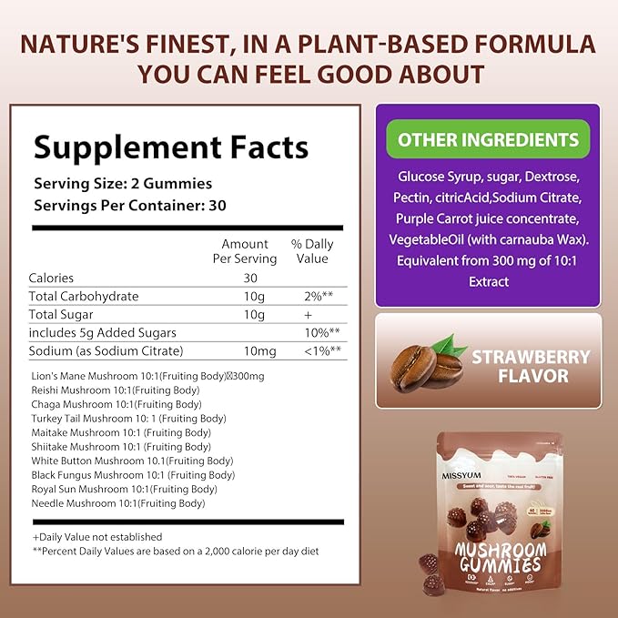 Mushroom Gummies 10-in-1 Adaptogenic Blend Vegan Coffee Flavor 60 Count | with Lion's Mane Reishi Chaga Shiitake &amp More