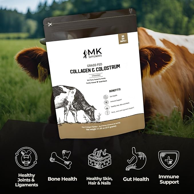 MK Supplements Collagen &amp Colostrum – Grass-Fed Collagen Peptides &amp Colostrum Powder for Hair Nail Skin Bone &amp Joint Health Chocolate Flavor + Monk Fruit