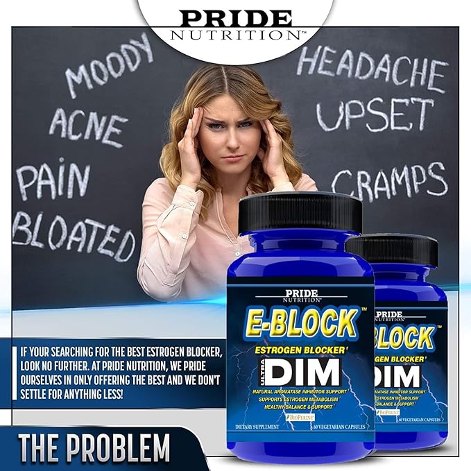 Pride Nutrition E-Block DIM Supplement 700MG Extra Strength Estrogen Blocker | Hormone Balance for Men and Women | M e n o p a u s e Acne Hot Flashes Relief PCT &amp P r o s t a t e Support 60 Ct.