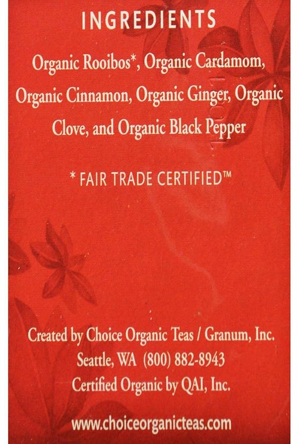 Choice Organic Teas Herbal Tea 16 Tea Bags Rooibos Chai Caffeine Free