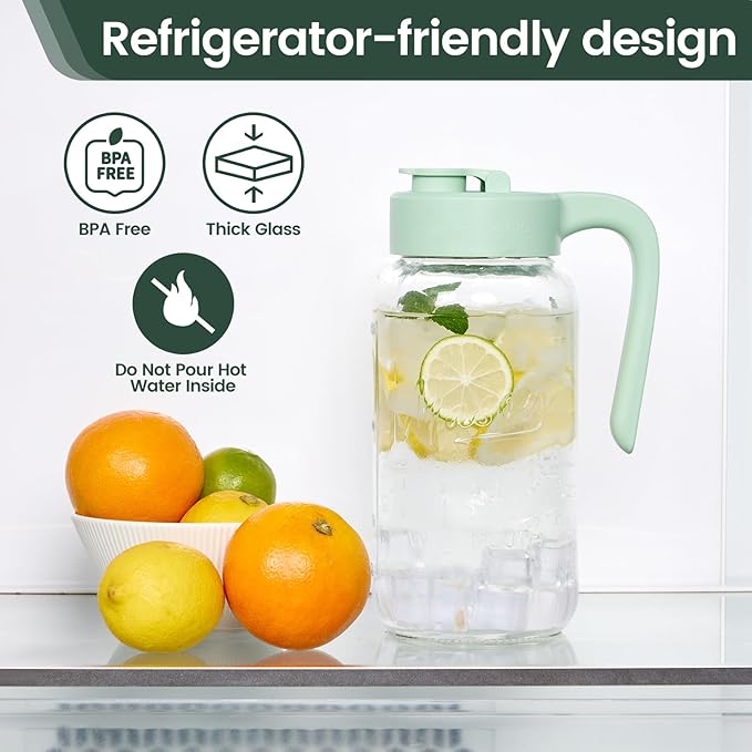 Mason Jar Pitcher - Airtight &amp Leakproof Glass Pitcher with Lid Perfect for Breastmilk Cold Brew and Sun Tea 2 Quart (64 oz) Mason Jar with Pour Spout Lid