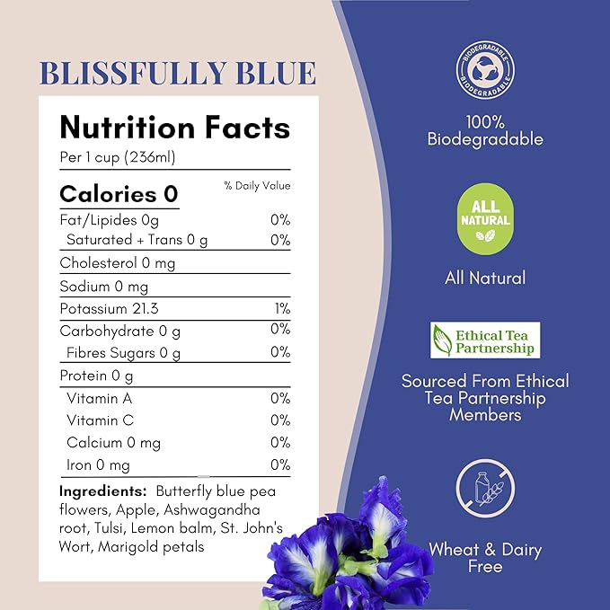 Tease Tea Butterfly Pea Tea - Blissfully Blue Stress Relief Herbal Tea Caffeine Free Tea Made with Butterfly Blue Pea Flowers and Ashwagandha Roots for a Moment of Calm and a Touch of Magic