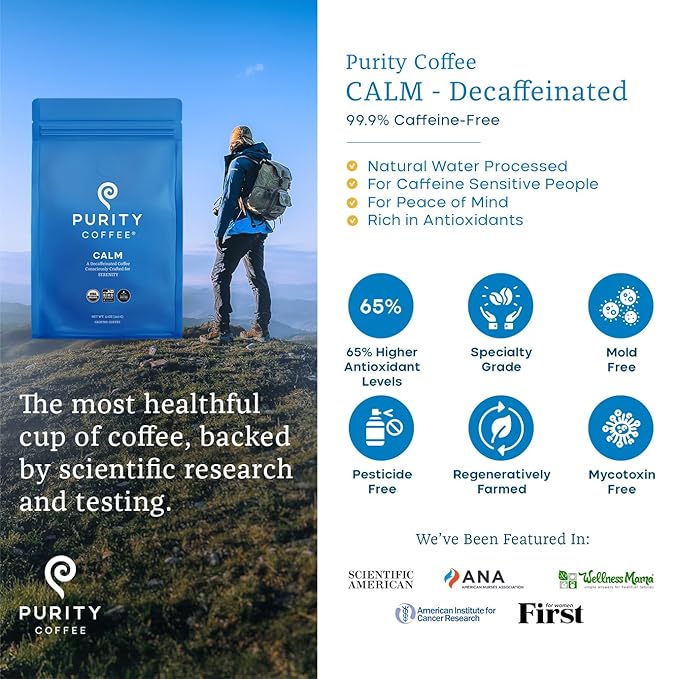 Purity Coffee CALM Decaf Medium Roast Ground (12oz Bag) | Specialty-Grade USDA Organic Mountain Water Process Decaffeinated Blend | Third Party Tested for Mold Mycotoxins &amp Pesticides