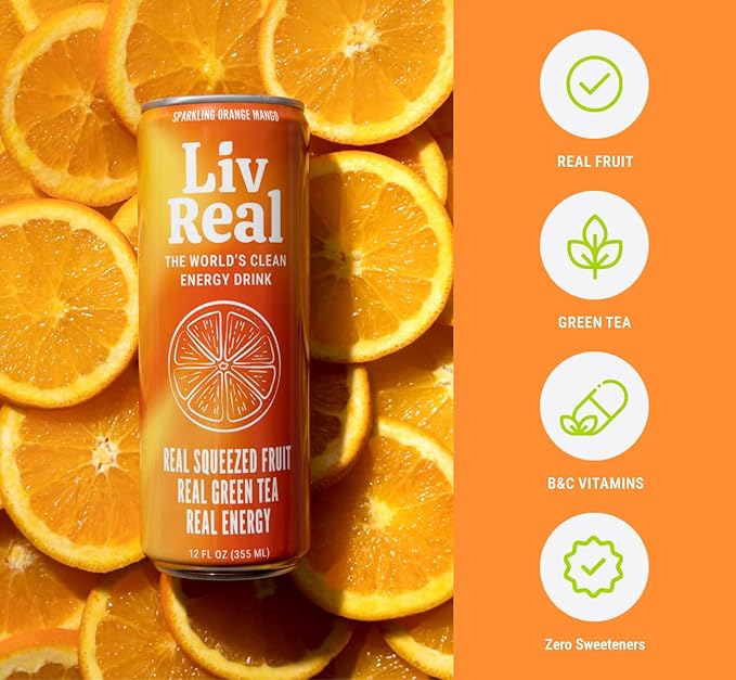 LivReal Clean Energy Drink – Organic Green Tea Caffeine 125mg + L-Theanine 100mg – Real Fruit No Sweeteners or Flavorings – Vitamin C &amp B Complex – Sparkling Orange Mango Water – 12 Pack 12 fl o