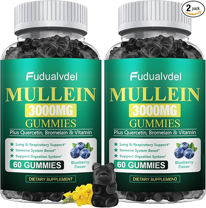 2 Packs 3000MG Organic Mullein Gummies for Lung Mullein Leaf Extract for Lungs - Quercetin Bromelain for RespirationImmune and Digestive Support 120 Count Blueberry Gummys