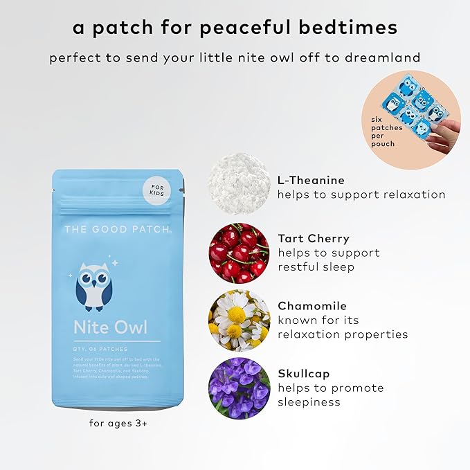 The Good Patch Nite Owl Patch Natural Sleep Patch Support for Kid Bedtime with Tart Cherry Chamomile and Skullcap Plant Powered Sustained Release (36 Total Patches)