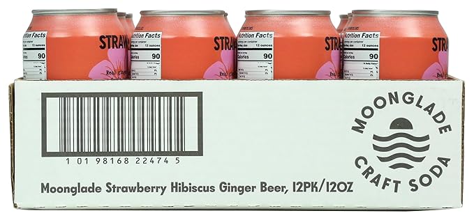 NEW! Moonglade Organic Strawberry Hibiscus Ginger Beer Tropical Blend Small Batch Craft Mixer Non-Alcoholic Craft Soda (12 Pack)