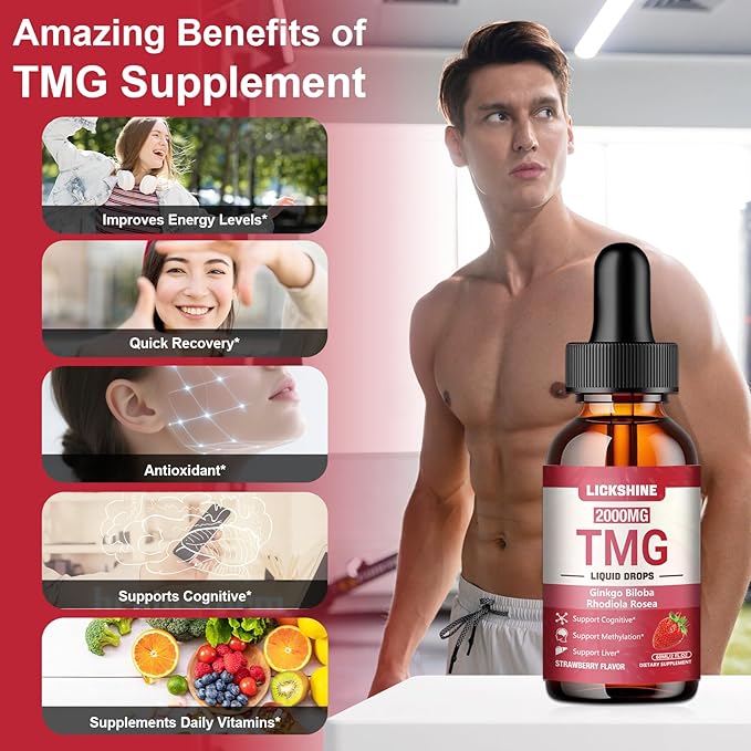 2 Packs 2000MG TMG Suupplements Liquid Drops - Trimethylglycine Ginkgo Biloba Rhodiola Rosea &amp Vitamins B High Absorption Brain Function - Strawberry Flavor 4 Fl.Oz