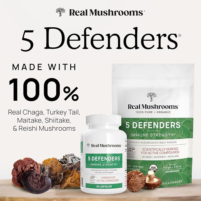 Real Mushrooms 5 Defenders - Adaptogenic Mushrooms Complex with Chaga Reishi Turkey Tail Maitake &amp Shiitake for Wellness Support - Mushroom Beta Glucan Capsules - 90 Count (Pack of 2)