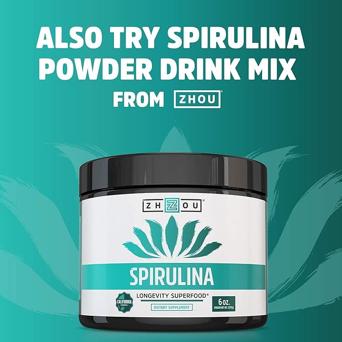 Zhou Spirulina Tablets - Spirulina Pills Greens Superfood Supplement with Chlorophyll &amp Blue Spirulina Powder Cognitive &amp Immune Support Pure Premium Formula - 180 Tablets