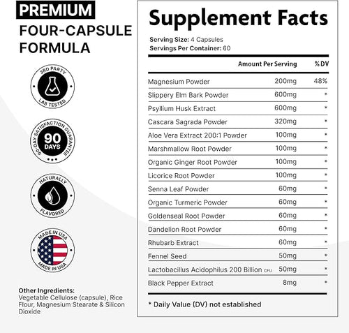 16 in 1 Slippery Elm Bark for Women &amp Men - Digestive Health &amp Leaky Gut Wellness Supplement - Probiotic Psyllium Husk Cascara Magnesium &amp Marshmallow Root Complex - DGL Licorice Extrac