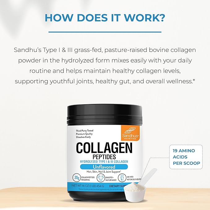 Sandhu's Grass-Fed Hydrolyzed Bovine Collagen Peptides Powder Unflavored | Supports Youthful Skin Hair Nails Mobility &amp Flexibility | for Men &amp Women | 1 lb 22 Servings