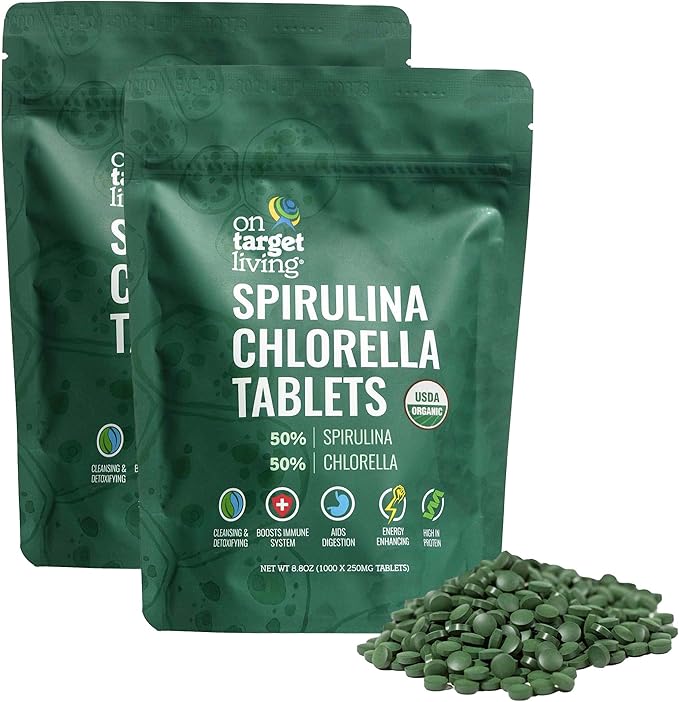 On Target Living Organic Spirulina Chlorella | USDA Organic | Vegan | Immune Support | Alkalyzing | Nutrient Dense | Protein Dense (2000 Tablets)